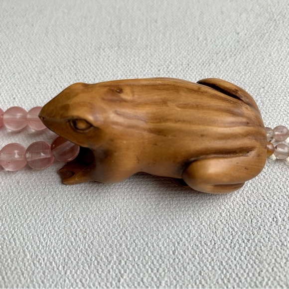 Antique Vintage Japanese Carved Wood Netsuke Frog Beaded Bracelet Finger Ring - Picture 7 of 14